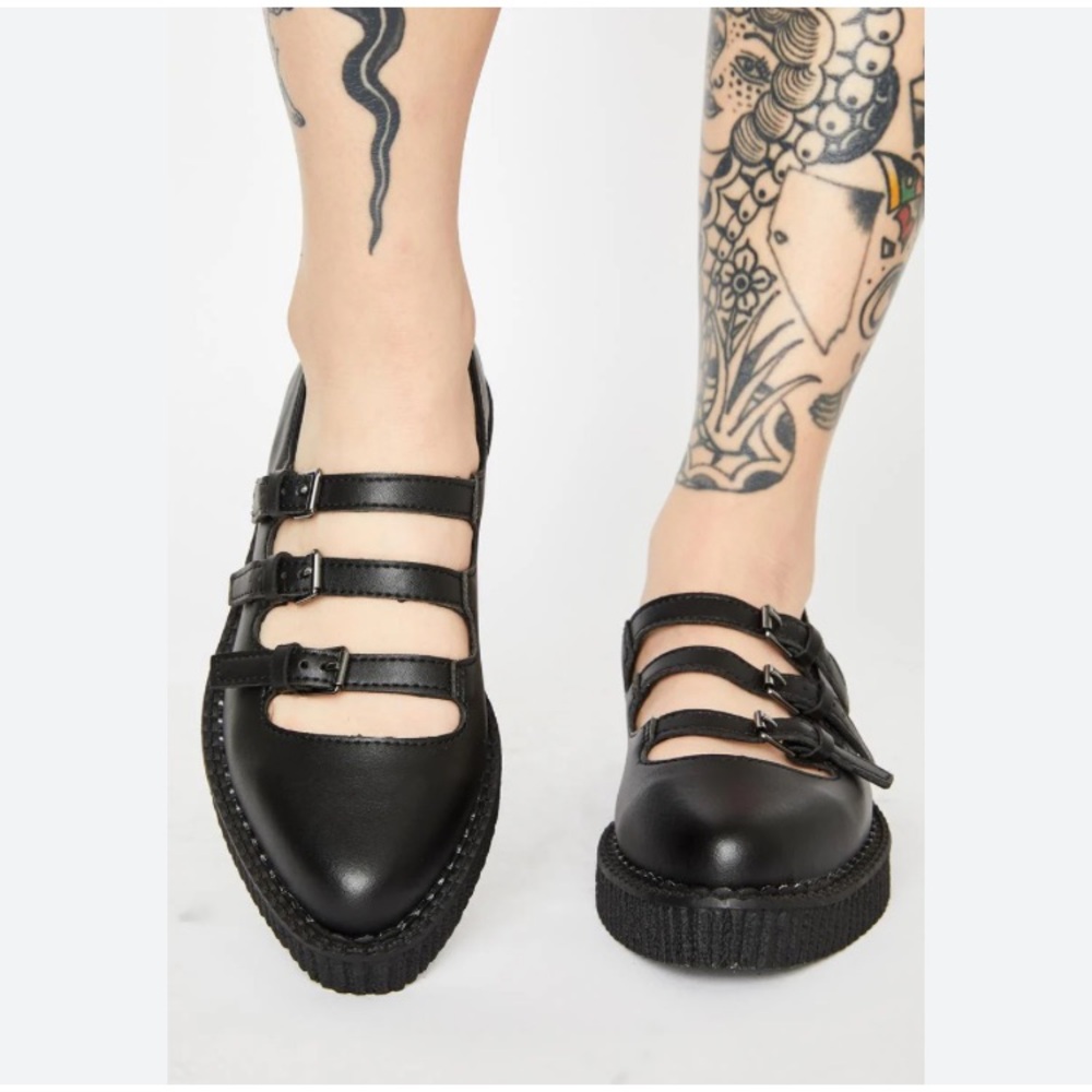 T.U.K Black TUKskin Pointed Toe 3-Strap Mary Jane Ballet Platform Creeper